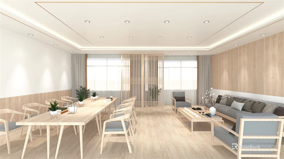 Hotel Public Lounge Area With Wooden Decor Light Colored Furniture Plants And Large Windows 3d model 