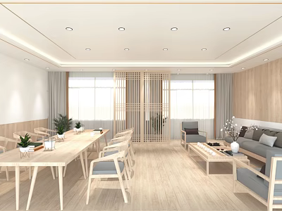 Hotel Public Lounge Area With Wooden Decor Light Colored Furniture Plants And Large Windows 3d model