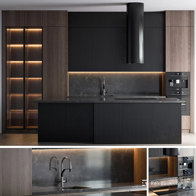 Modern Kitchen Cabinets In Dark Finish With Island And Lighting 3d model 