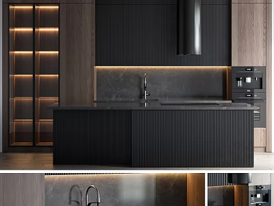 Modern Kitchen Cabinets In Dark Finish With Island And Lighting 3d model