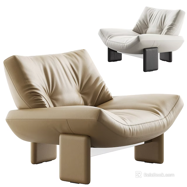 Modern Beige Leather Leisure Chair With Curved Back And Square Legs 3d model 