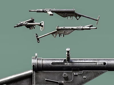 Vintage Weapons Including Submachine Guns Displayed With Detailed Mechanical Parts 3d model