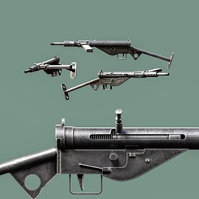 Vintage Weapons Including Submachine Guns Displayed With Detailed Mechanical Parts 3d model