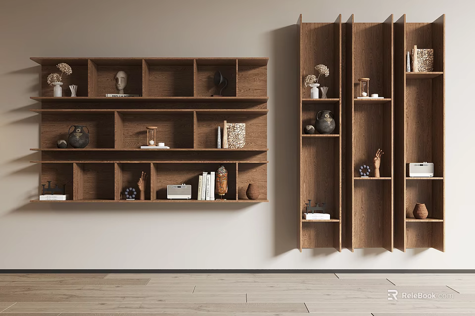Modern Wooden Wall Cabinets With Decorative Items 3d model 