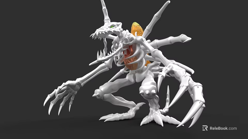 White Skeleton Like Game Movie Character With Multiple Limbs Sharp Claws And Orange Core 3d model 