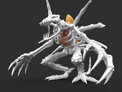 White Skeleton Like Game Movie Character With Multiple Limbs Sharp Claws And Orange Core 3d model