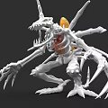 White Skeleton Like Game Movie Character With Multiple Limbs Sharp Claws And Orange Core