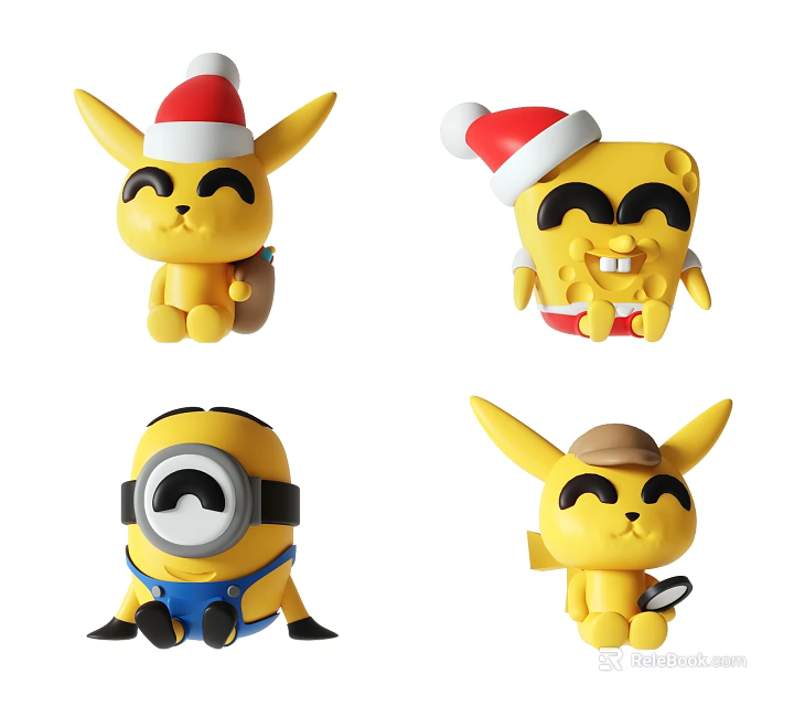 Cute Plush Dolls Featuring Pikachu SpongeBob Minion With Santa And Detective Hats 3d model 