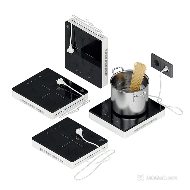 Sleek Black Induction Cooktops With Stainless Steel Pot And Spaghetti For Kitchen Cooking 3d model 