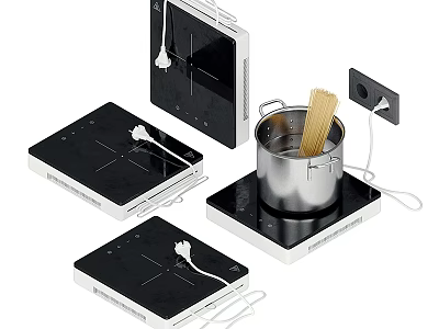 Sleek Black Induction Cooktops With Stainless Steel Pot And Spaghetti For Kitchen Cooking 3d model