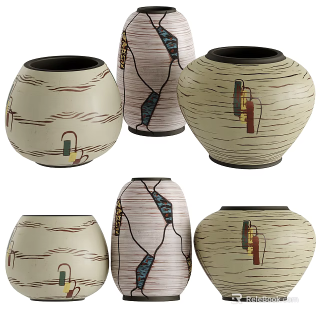 Modern Cream Colored Ceramic Vases With Black Lines And Colorful Geometric Motifs For Home Decor 3d model 