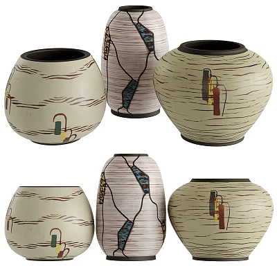 Modern Cream Colored Ceramic Vases With Black Lines And Colorful Geometric Motifs For Home Decor 3d model