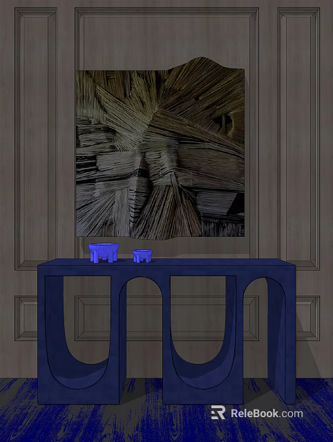 Blue Console Table With Small Decorations And Abstract Woven Artwork On Wooden Wall 3d model 