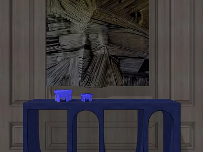 Blue Console Table With Small Decorations And Abstract Woven Artwork On Wooden Wall 3d model