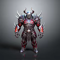 Fantasy Armored Warrior With Spiked Red And Black Armor Horned Helmet And Mythical Design