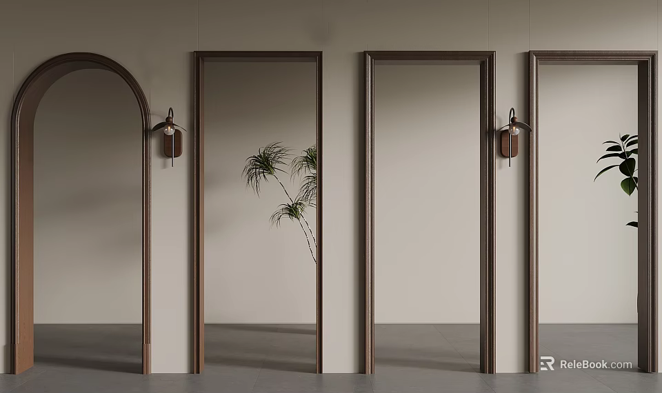 Arched And Rectangular Wooden Door Frames With Wall Sconces And Potted Plant In Minimalist Interior 3d model 