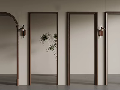 Arched And Rectangular Wooden Door Frames With Wall Sconces And Potted Plant In Minimalist Interior 3d model