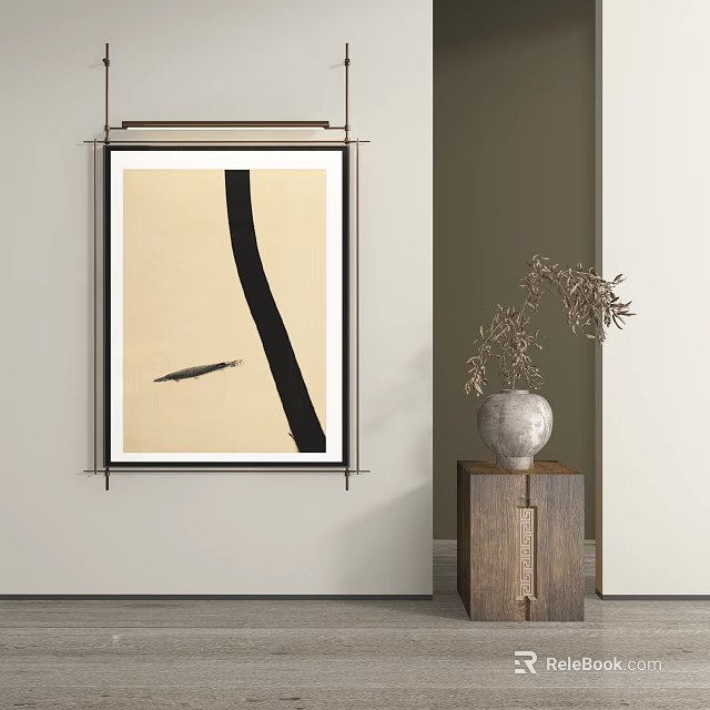 Framed Abstract Painting Black Line Beige Background On Wall Near Wooden Cabinet With Gray Vase 3d model 