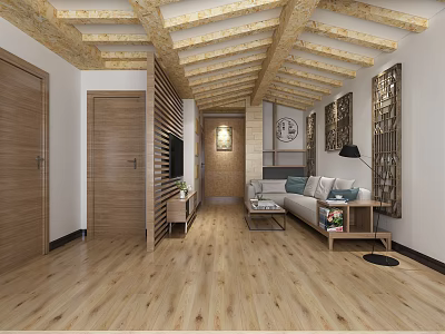 Hotel Guest Room With Wooden Ceiling Beams Flooring Sofa TV And Decorative Paintings 3d model