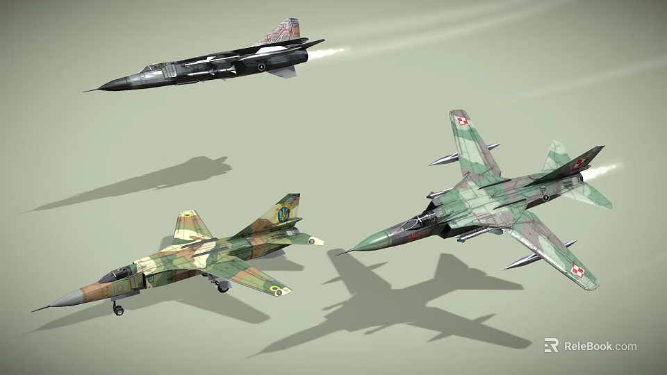 Three Military Fighter Jets With Various Camouflage Paint Schemes Flying In Air With Shadows 3d model 