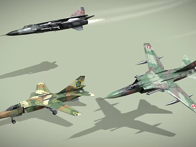 Three Military Fighter Jets With Various Camouflage Paint Schemes Flying In Air With Shadows 3d model
