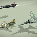 Three Military Fighter Jets With Various Camouflage Paint Schemes Flying In Air With Shadows