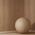 Natural Wooden Sphere Decorative Piece On Tabletop With Wood Grain Background Design