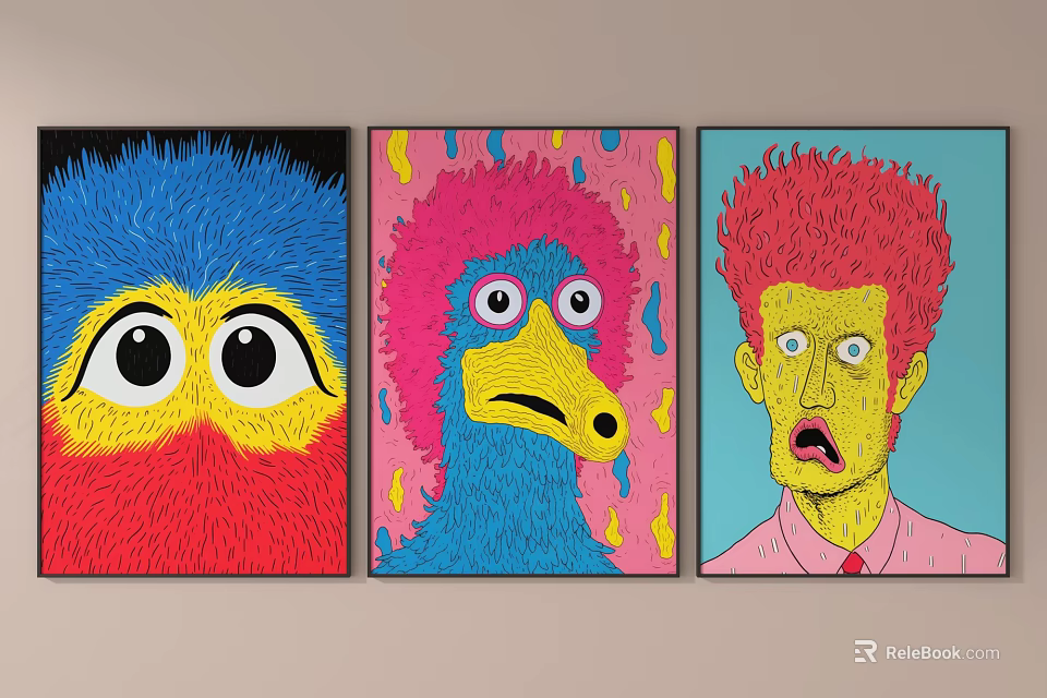 Vibrant Whimsical Art Paintings Featuring Colorful Characters With Expressive Faces And Bold Colors 3d model 