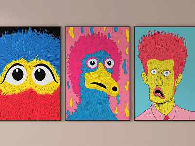 Vibrant Whimsical Art Paintings Featuring Colorful Characters With Expressive Faces And Bold Colors 3d model
