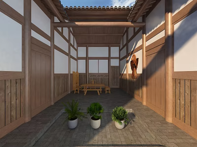 Traditional Chinese Garden Courtyard With Wooden Structure White Walls Stone Pavement And Green Plants 3d model