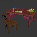 Wooden Study Desk And Chair Set With Stacked Books And Table Lamp