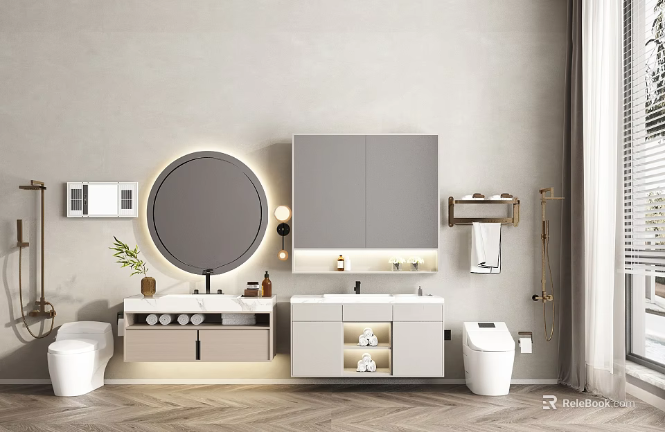 Modern Minimalist Bathroom Vanity Cabinet With Illuminated Round Mirror Double Sink And Storage Compartments 3d model 