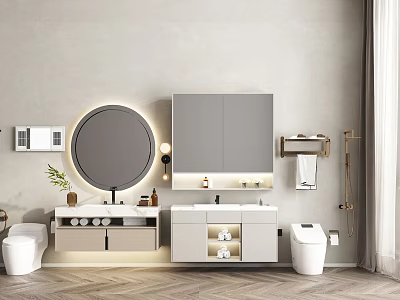 Modern Minimalist Bathroom Vanity Cabinet With Illuminated Round Mirror Double Sink And Storage Compartments 3d model