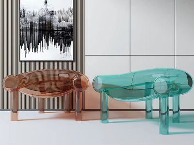 Modern Transparent Leisure Chairs In Amber Teal Acrylic Design With Abstract Painting And Modern Wall 3d model