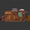 Wooden Clothes Hanger Setup With Ironing Board Stacked Towels And Wicker Basket Near Cabinet