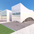 Aerial Planning of Modern White Glass Architecture With Grassland and Plaza