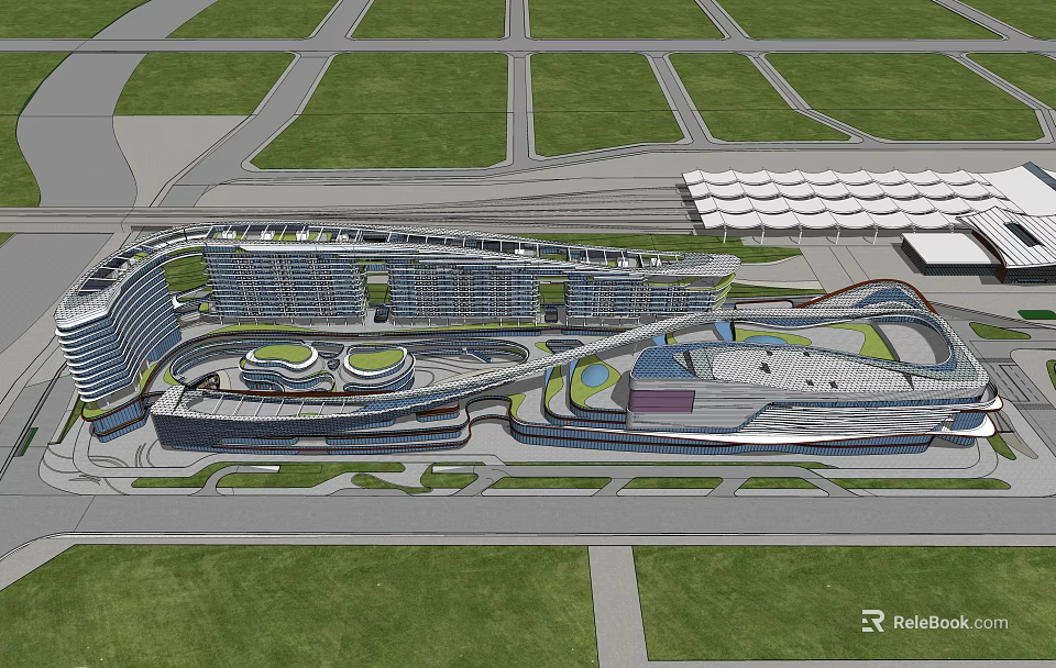 Modern Office Complex With Curved Structures Green Spaces And Roof Gardens 3d model 