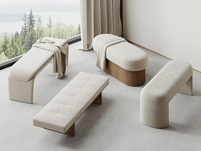 Modern Upholstered Sofa Benches With Wooden Legs And Throw Blanket By Window 3d model