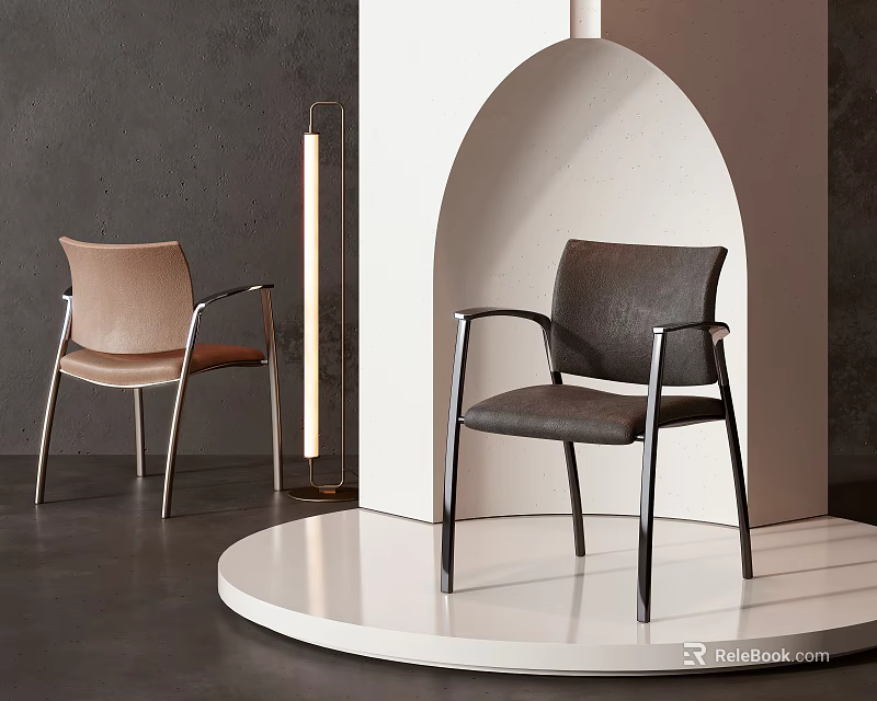 Light Brown and Dark Gray Modern Leisure Chairs with White Arch Floor Lamp Round Platform 3d model 
