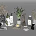 Stylish Bathroom Accessories With Lotion Bottles Diffusers Towels And Decorative Plants 3d model