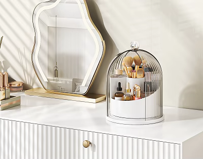 White Dressing Vanity With Gold Framed Mirror Glass Dome Organizer And Cosmetics 3d model