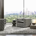 Modern Woven Single Sofa With Large Windows City View And Side Table Lamp 3d model