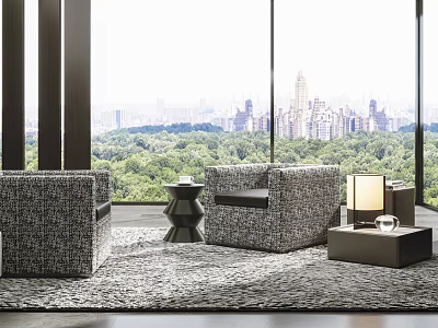Modern Woven Single Sofa With Large Windows City View And Side Table Lamp 3d model