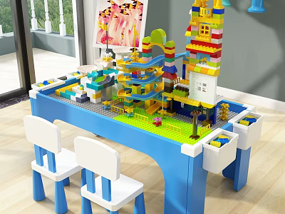 Kids Play Table With Building Blocks Storage And White Chairs For Children 3d model