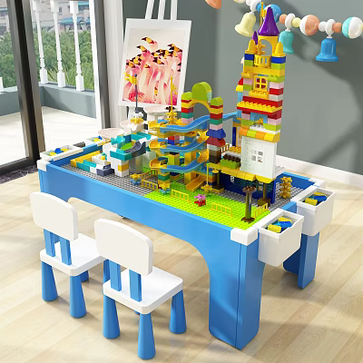 Kids Play Table With Building Blocks Storage And White Chairs For Children 3d model