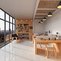 Modern Open Space Interior With Wooden Table Stools Black Sofa Large Windows And Pendant Lights
