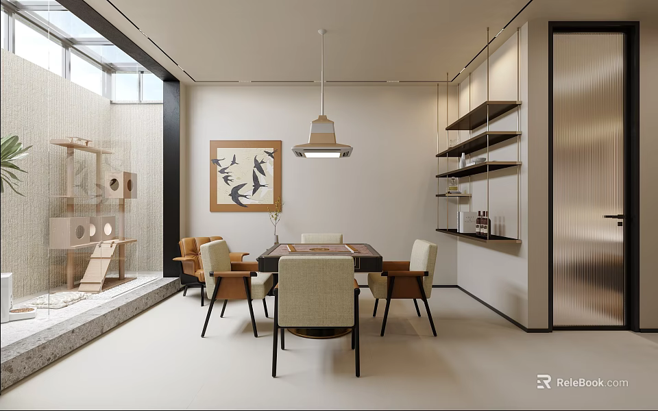 Modern Recreation Room With Dining Set Cat Tree And Shelves 3d model