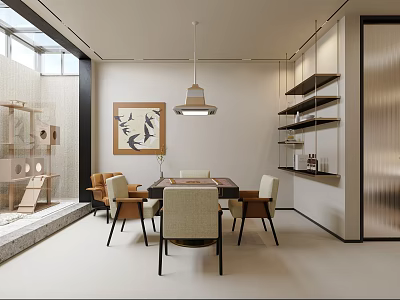 Modern Recreation Room With Dining Set Cat Tree And Shelves 3d model