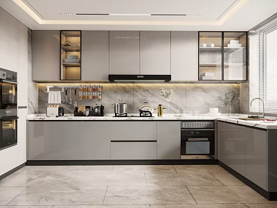 Modern Kitchen Interior With Marble Countertops Gray Cabinets Glass Cabinets And Appliances 3d model