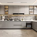 Modern Kitchen Interior With Marble Countertops Gray Cabinets Glass Cabinets And Appliances